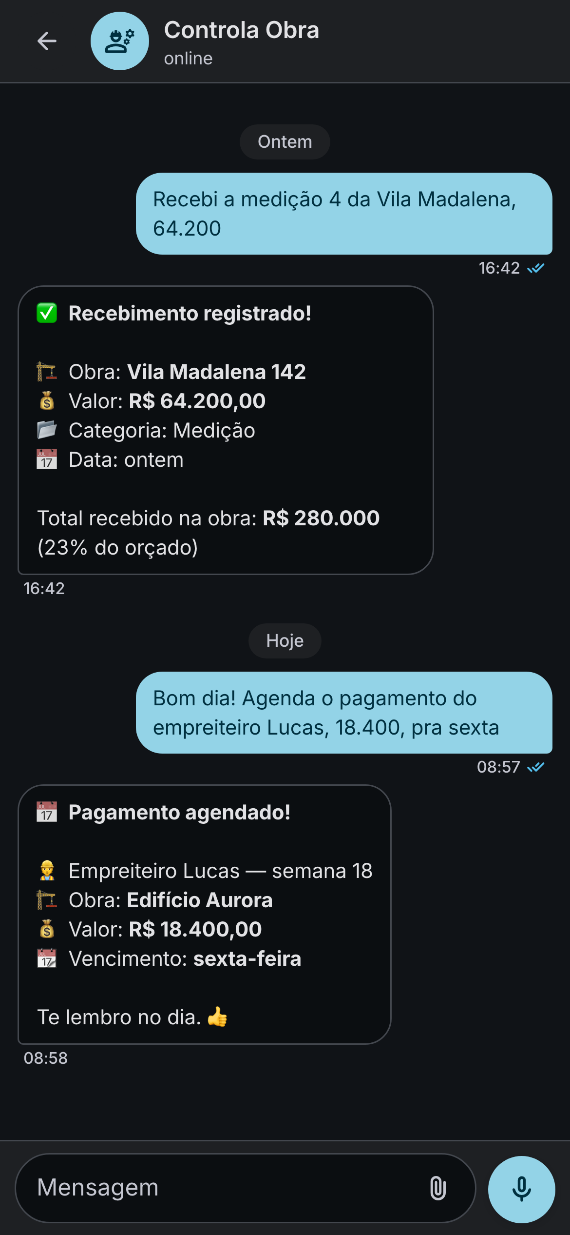 Chat com IA do Controla Obra registrando uma medição e agendando um pagamento