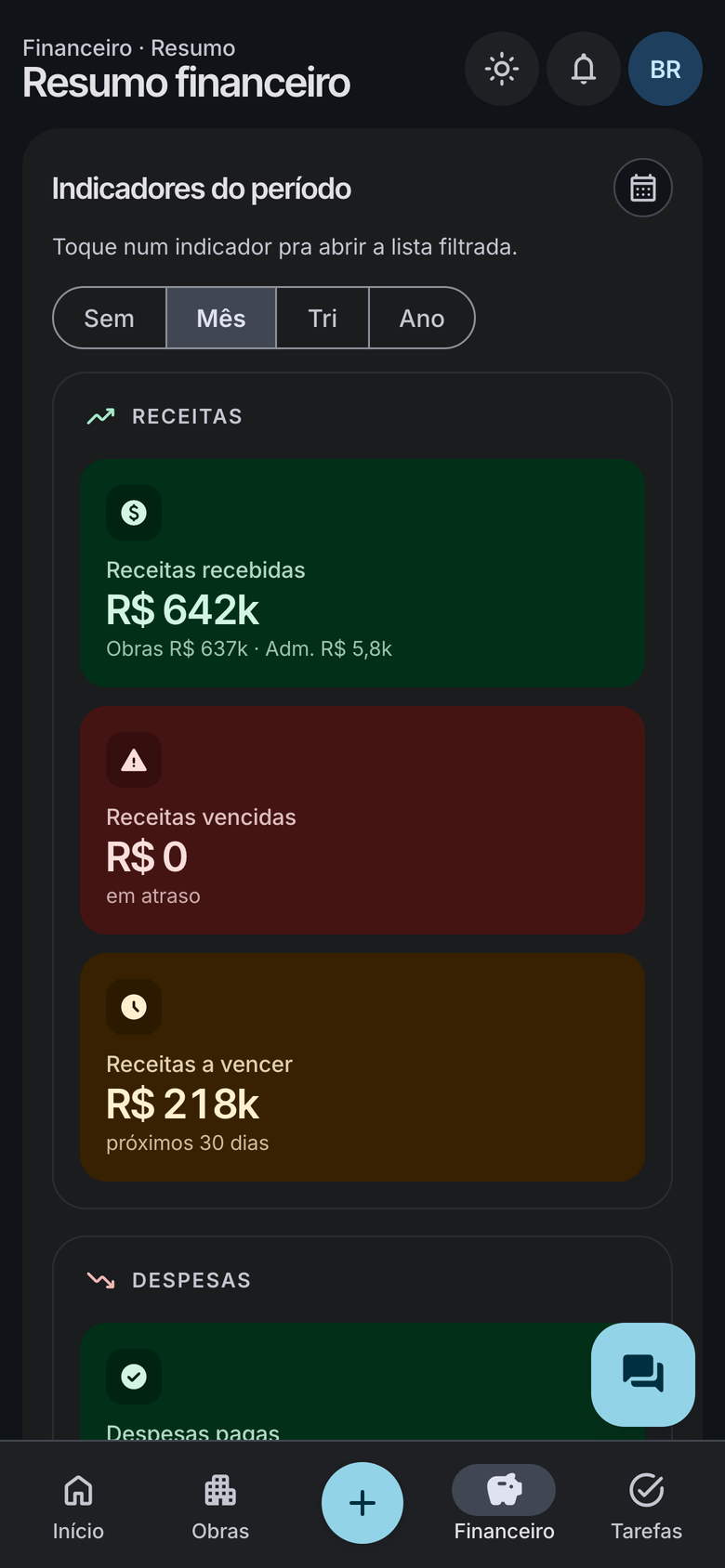 Resumo financeiro do Controla Obra com receitas, despesas e vencimentos