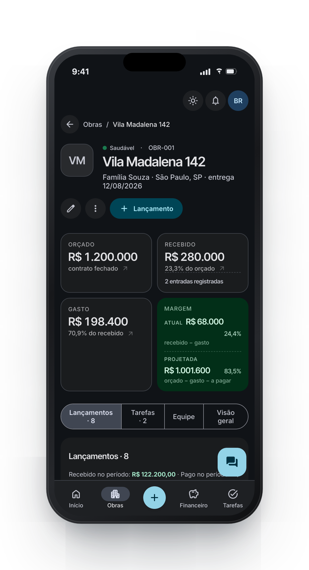 Visão da obra no aplicativo móvel