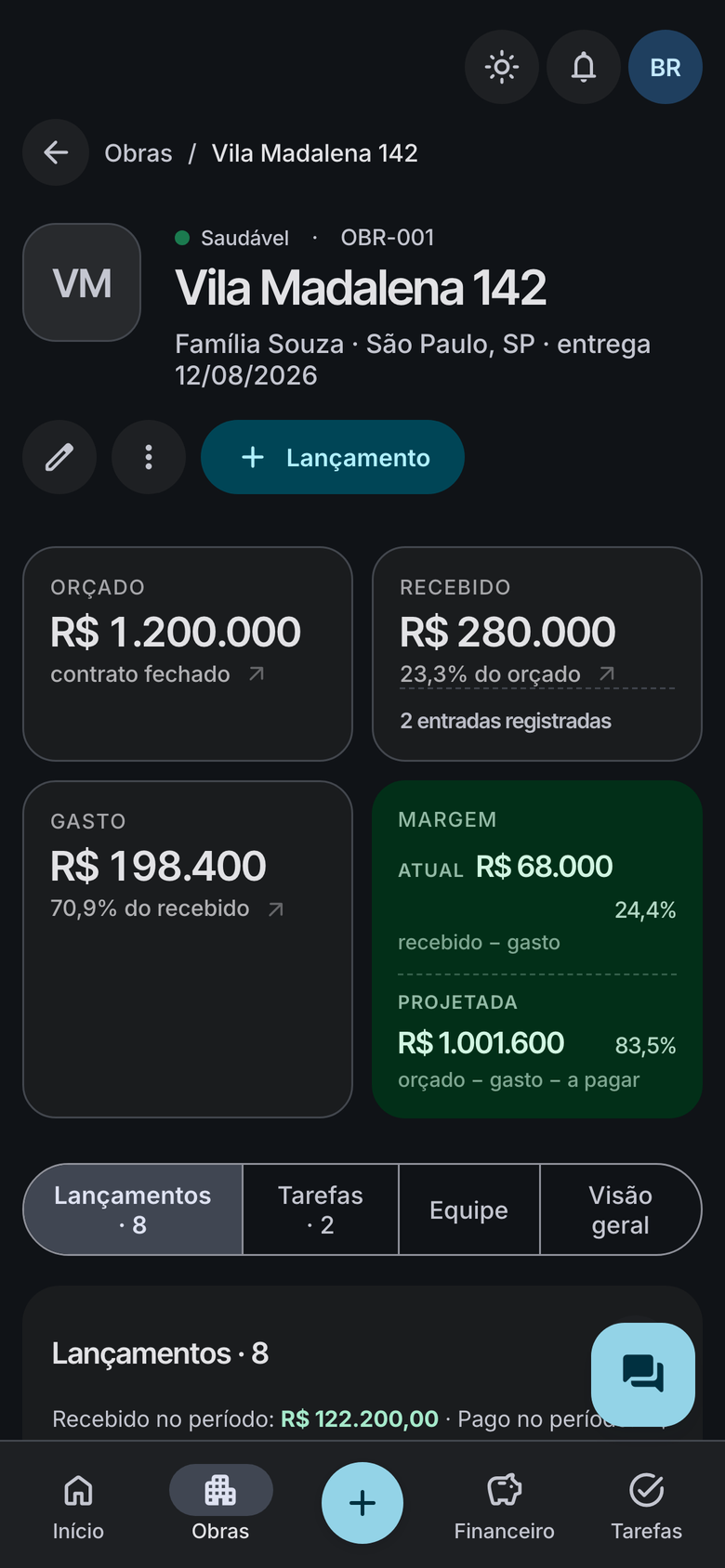 Visão da obra no aplicativo móvel